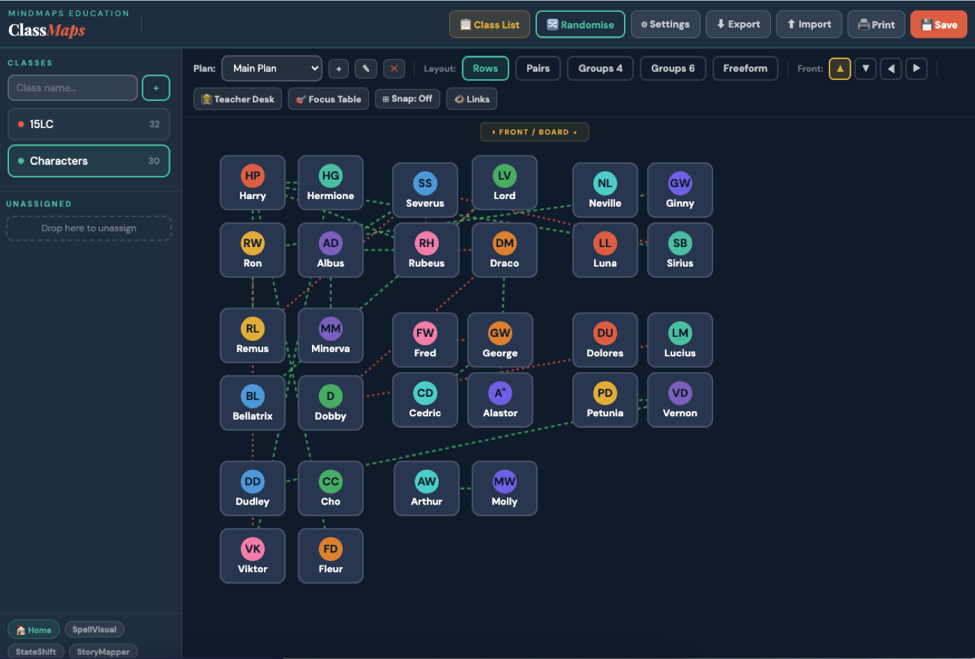 ClassMaps in use — a seating plan with relationships mapped between pupils