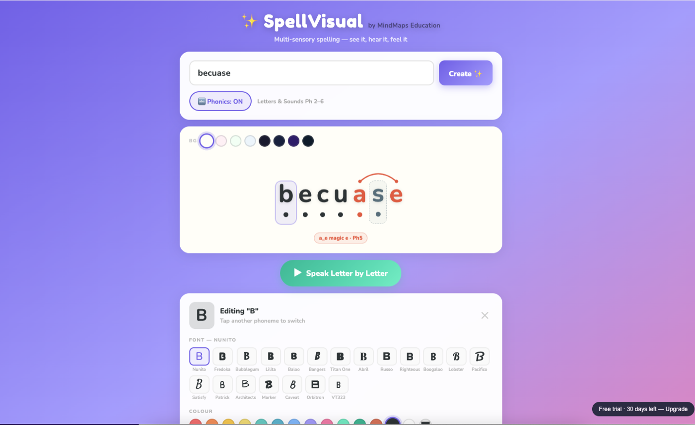 SpellVisual in use — a tricky word broken into phonemes with the magic-e highlighted