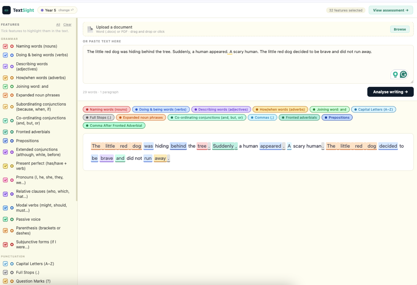 TextSight in use — Year 5 writing with grammar features highlighted